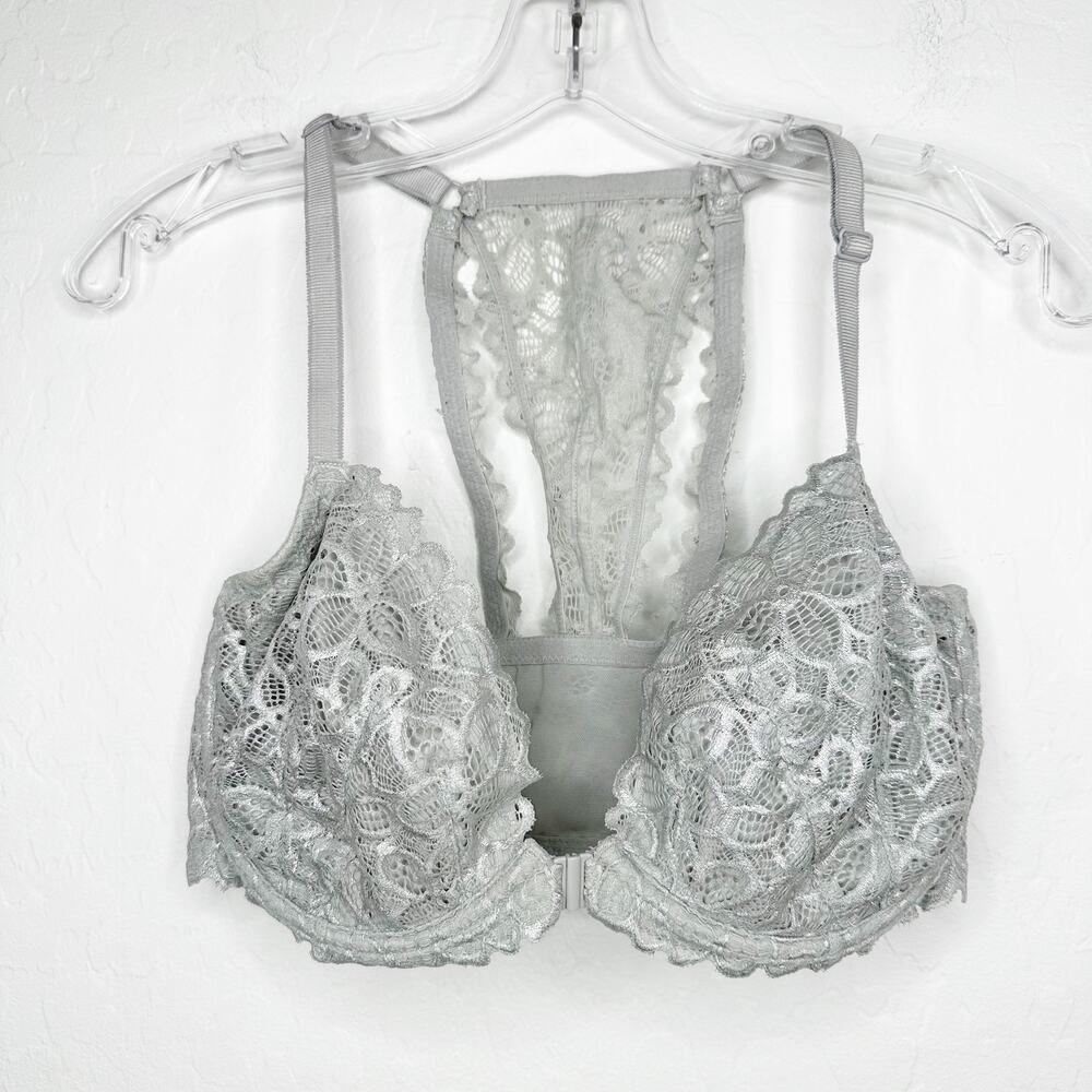 Victorias Secret Pink Silver Gray Lined Front Close Bra Plunge Racerback US 36DD